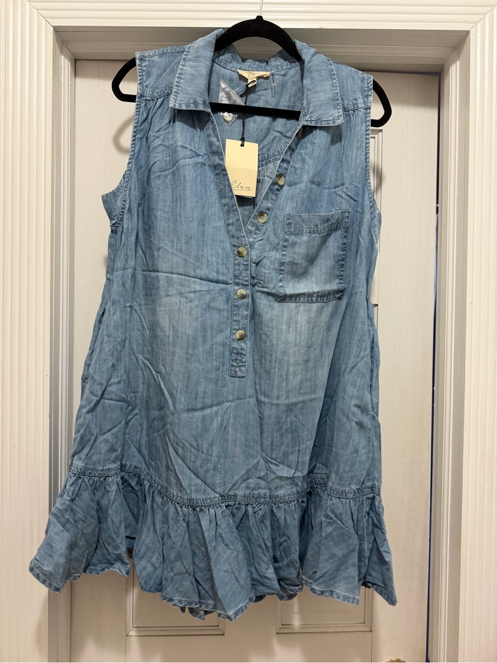 Elan Light Blue Sleeveless Chambray Ruffle-Hem Dress